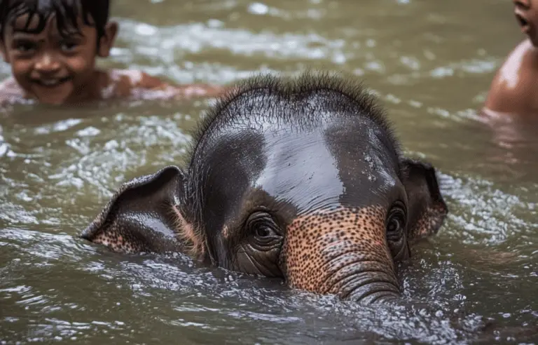 baby elephant bathing
